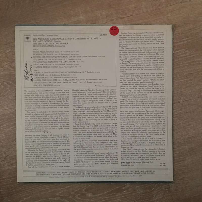 Mormon Tabernacle Choir's Greatest Hits  - Vinyl LP Record - Opened  - Very-Good+ Quality (VG+)