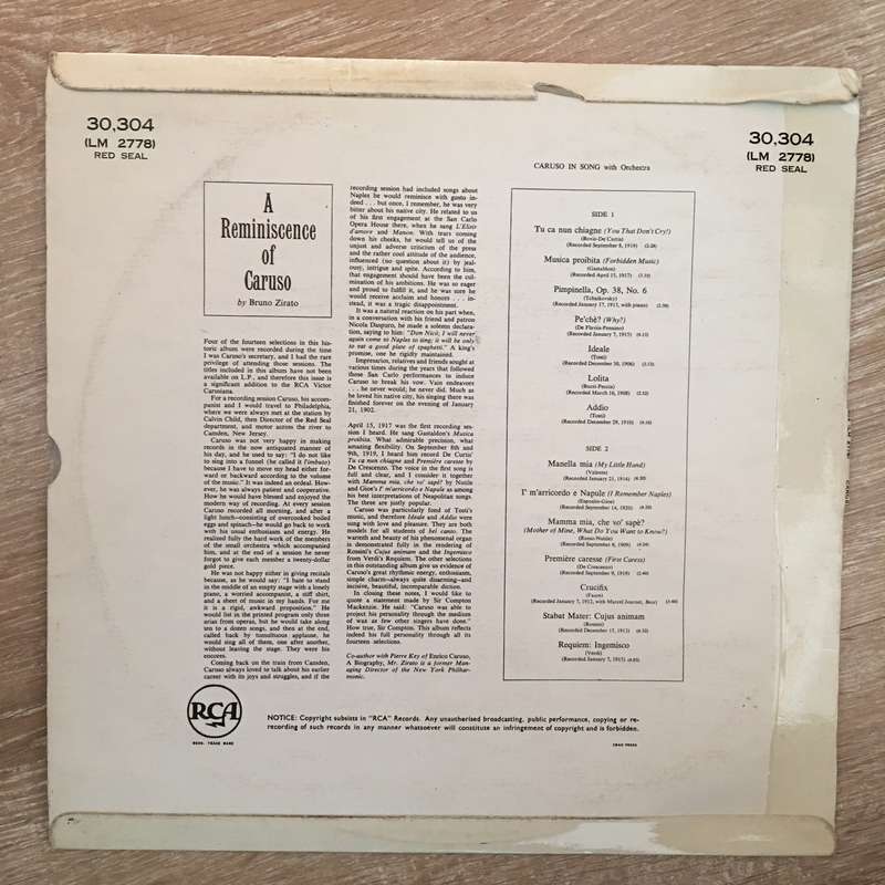 Caruso In Song - Vinyl LP Record - Opened  - Very-Good+ Quality (VG+)