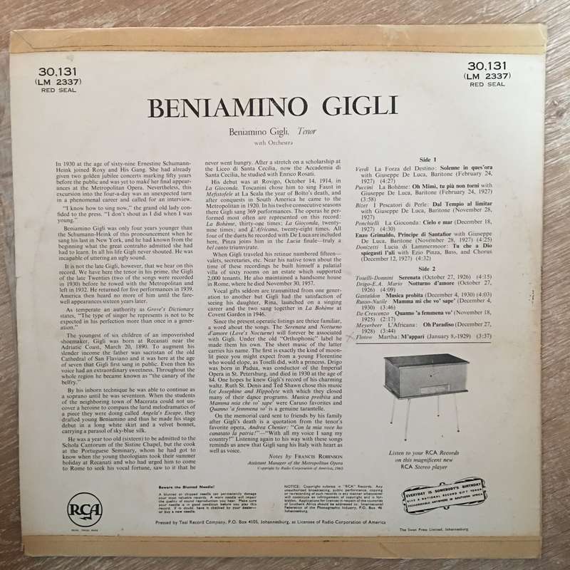 Benjamino Gigli - Vinyl LP Record - Opened  - Very-Good+ Quality (VG+)