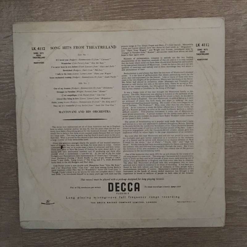 Mantovani - Songs Hits From Theatre Land - Vinyl LP Record - Opened  - Good+ Quality (G+)