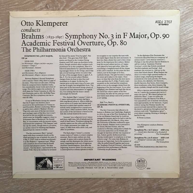 Brahms - Otto Klemperer, The Philharmonia Orchestra  Symphony No. 3 In F Major / Academic F...