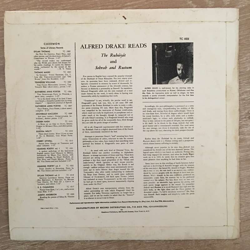 Alfred Drake - The Rubaiyat And Sohrab And Rustum - Vinyl Record - Opened  - Very-Good+ Quality (...