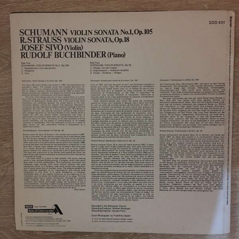 Schumann / Strauss Violin Sonatas / Josef Sivo / Rudolf Buchbinder - Vinyl LP Record - Opened ...