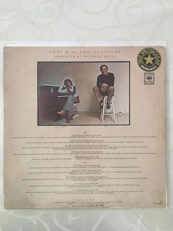 Andy Williams - Solitaire - Vinyl LP - Opened  - Very-Good+ Quality (VG+)