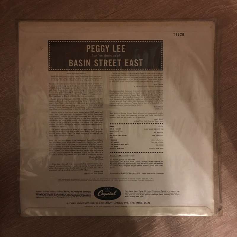 Basin Street East Proudly Presents Miss Peggy Lee Recorded At The Fabulous New York Club - Vinyl ...