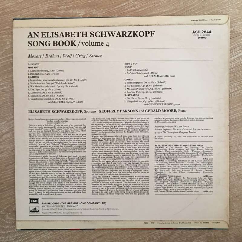 Elisabeth Schwarzkopf , Songs By Mozart, Brahms, Grieg & Strauss. Geoffrey Parsons  The Eli...