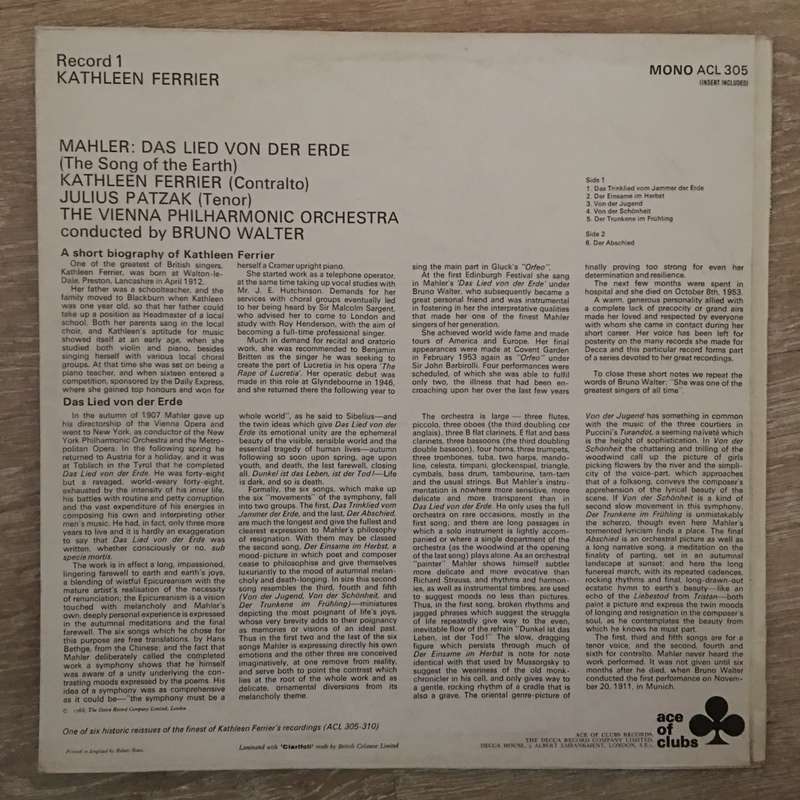 Kathleen Ferrier - Mahler Das Lied Von Der Erde - Vinyl LP Record - Opened  - Very-Good+ Quality ...