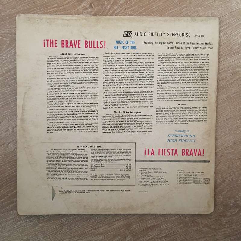 Banda Taurina  The Brave Bulls! Music Of The Bull Fight Ring-  Vinyl LP Record - Opened  - ...