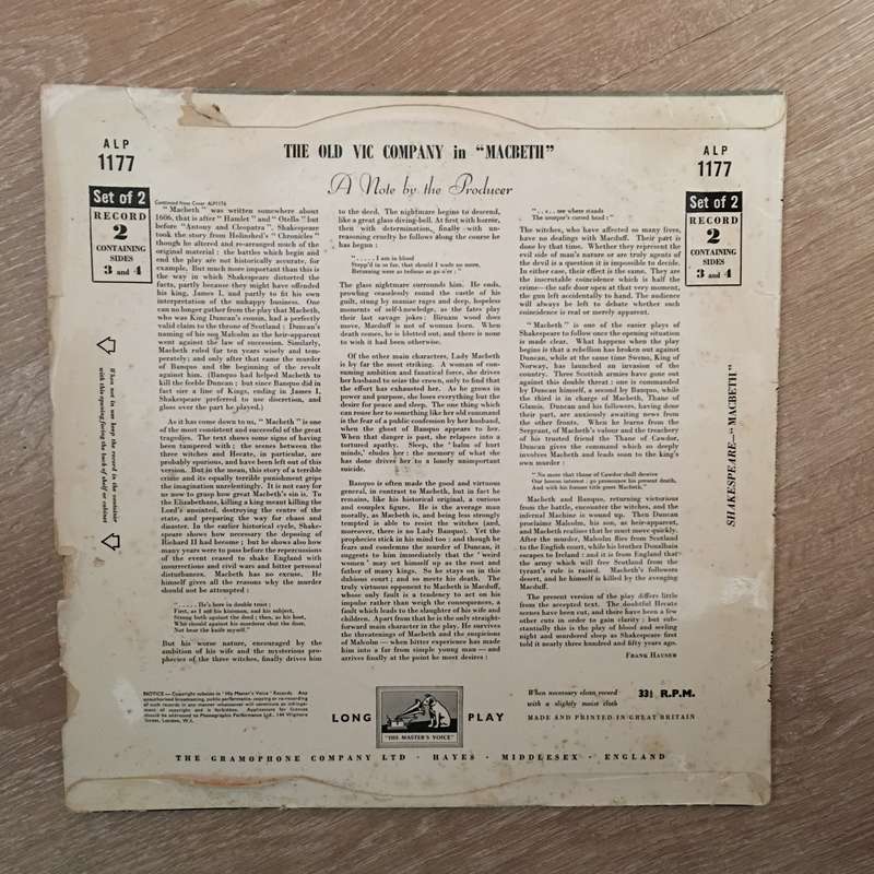 Old Vic Company  Shakespeare's Macbeth -  Vinyl LP Record - Opened  - Very-Good Quality (VG)