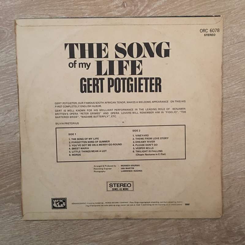 Gert Potgieter - The Song Of My Life -  Vinyl LP Record - Opened  - Very-Good Quality (VG)