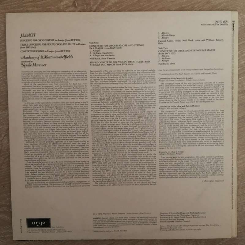 J.S. Bach - Academy Of St. Martin-in-the-Fields, Neville Marriner  Concertos - Vinyl LP ...