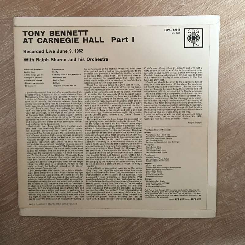Tony Bennet At Carnegie Hall - Part 1 -  Vinyl LP Record - Opened  - Very-Good Quality (VG)