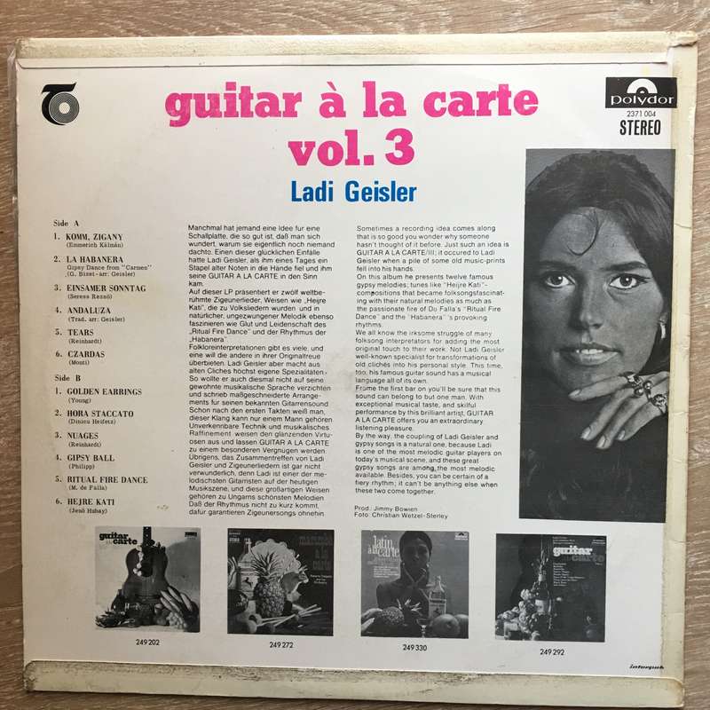 Ladi Geisler  Guitar A La Carte, Vol. 3 - Gipsy Songs  Vinyl LP Record - Opened  - Very-...