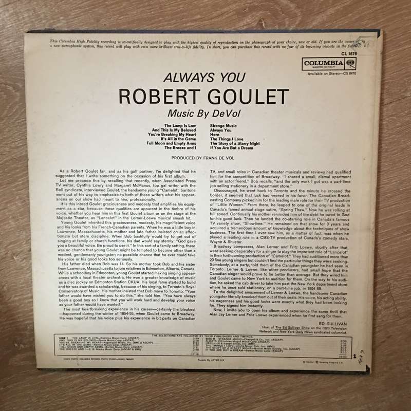 Robert Goulet - Always You - Vinyl LP Record - Opened  - Very-Good+ Quality (VG+)