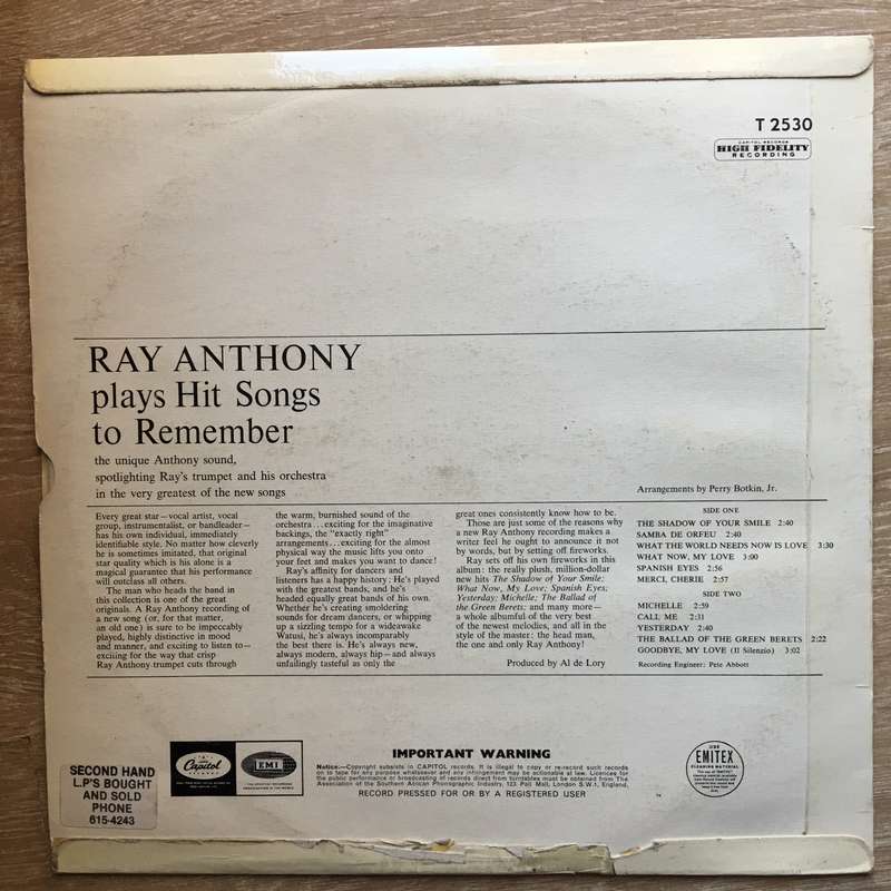 Ray Anthony - Hit Songs To Remember - Vinyl LP Record - Opened  - Very-Good Quality (VG)