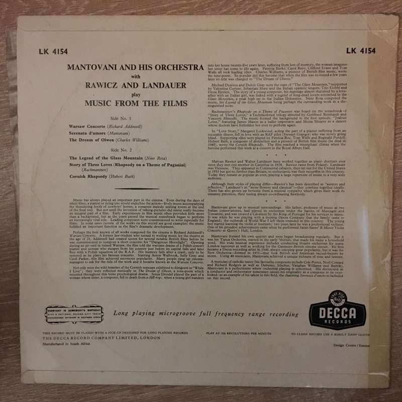 Mantovani, Rawicz And Landauer  Music From The Films   Vinyl LP Record - Opened  - Very-...