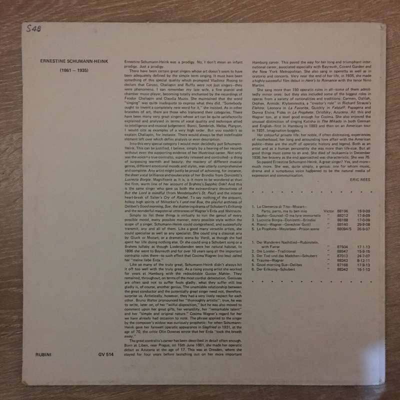 Ernestine Schumann-Heink - Vinyl LP Record  - Opened  - Very-Good+ Quality (VG+)