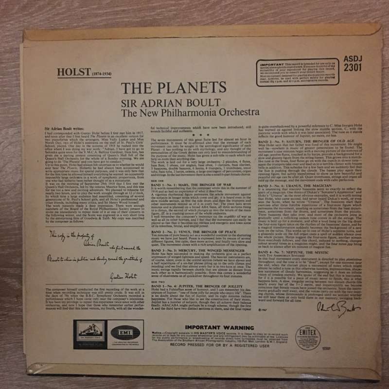 Sir Adrian Boult - The Planets - Vinyl LP Record  - Opened  - Very-Good+ Quality (VG+)