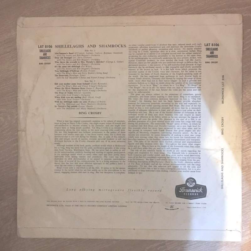 Bing Crosby  Shillelaghs And Shamrocks  - Vinyl LP Record - Opened  - Very-Good- Quality (VG-)