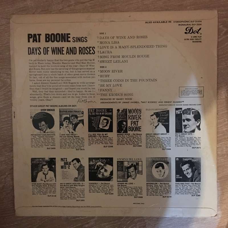 Pat Boone  Days Of Wine and Roses - Vinyl LP Record - Opened  - Good+ Quality (G+)