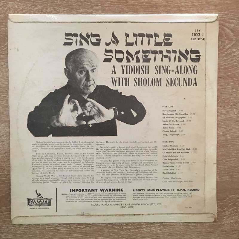 Sholom Secunda - Sing A Little Something -  (A Yiddish Sing A Long)  - Vinyl LP Record - Opened  ...