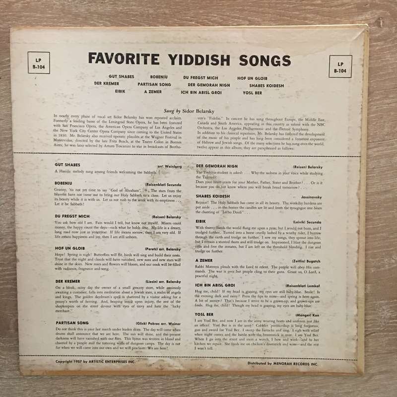 Sidor Belarsky - Favourite Yiddish Songs  - Vinyl LP Record - Opened  - Very-Good Quality (VG)