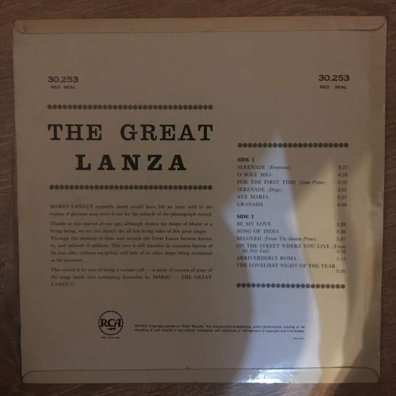 Mario Lanza - The Great Lanza - Vinyl LP Record - Opened  - Very-Good Quality (VG)