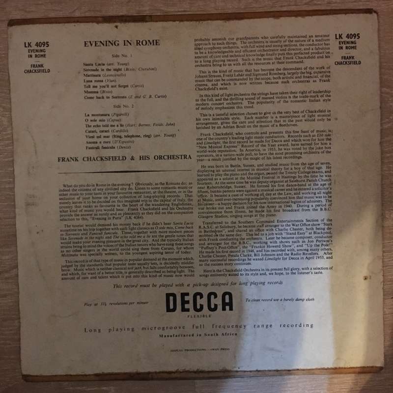 Frank Chacksfield - Evening In Rome - Vinyl LP Record - Opened  - Good Quality (G)