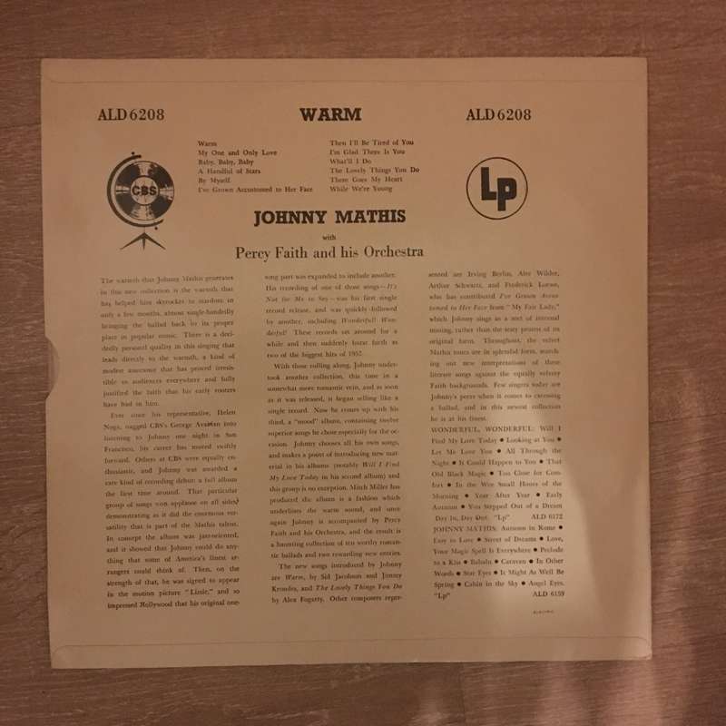Johnny Mathis - Warm  - Vinyl LP Record  - Opened  - Very-Good+ Quality (VG+)
