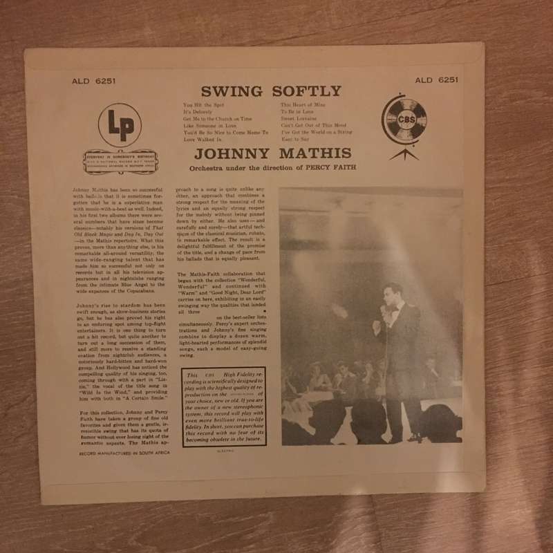 Johnny Mathis - Swing Softly  - Vinyl LP Record  - Opened  - Very-Good+ Quality (VG+)