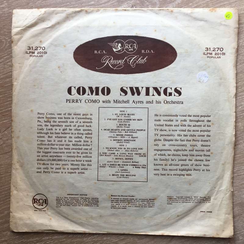 Perry Como - Como Swings - Vinyl LP Record - Opened  - Very-Good Quality (VG)