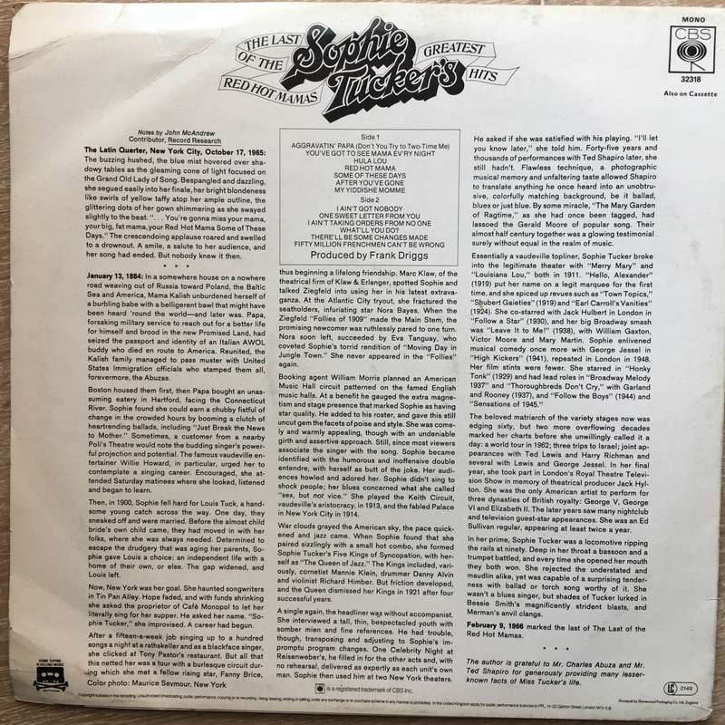 Sophie Tucker  The Last Of The Red Hot Mommas - Vinyl LP Record - Opened  - Very-Good+ Q...