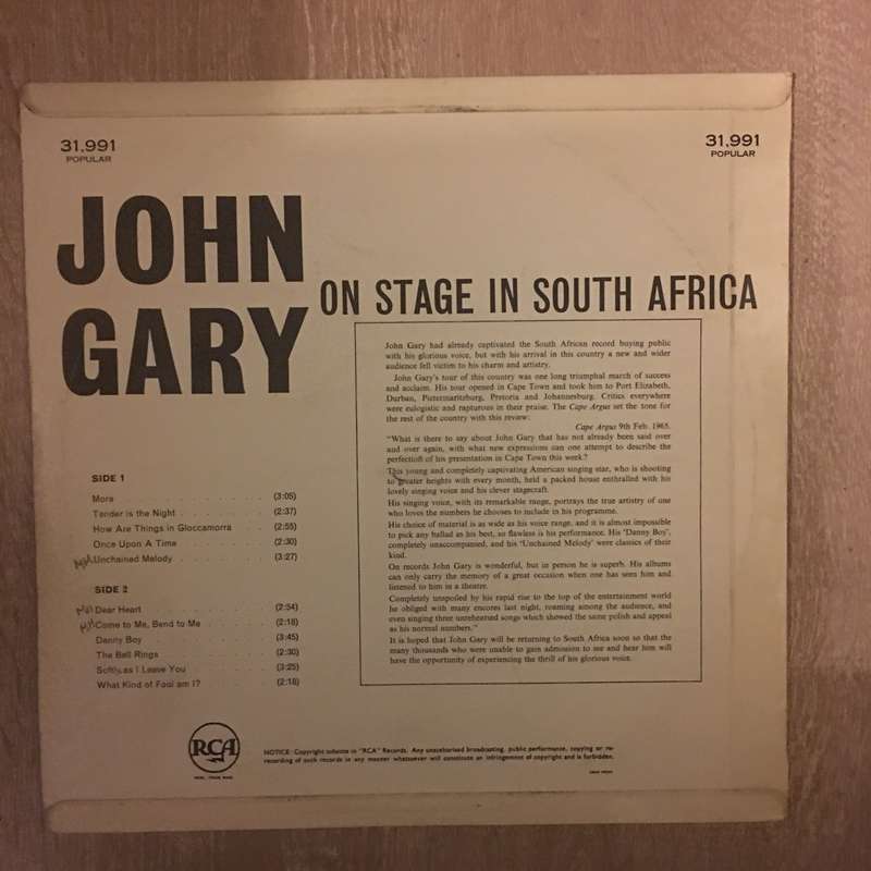 John Gary On Stage In Sounh Africa - Vinyl LP Record - Opened  - Very-Good+ Quality (VG+)