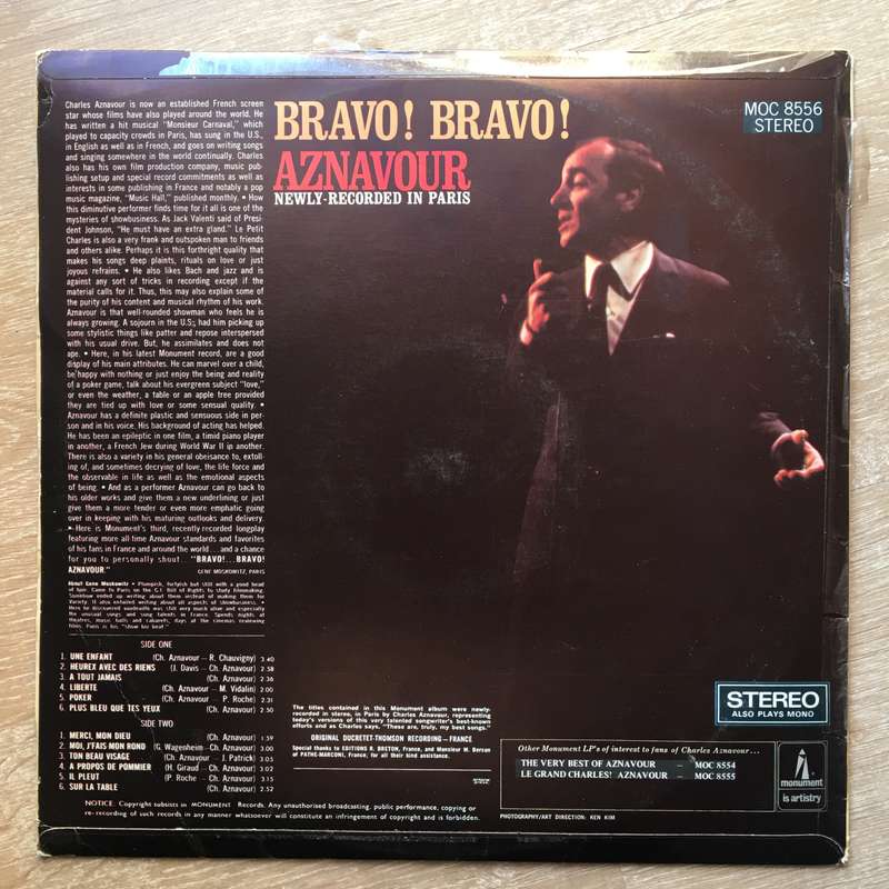 Charles Aznavour  Bravo! Bravo! - Vinyl LP Record - Opened  - Very-Good+ Quality (VG+)