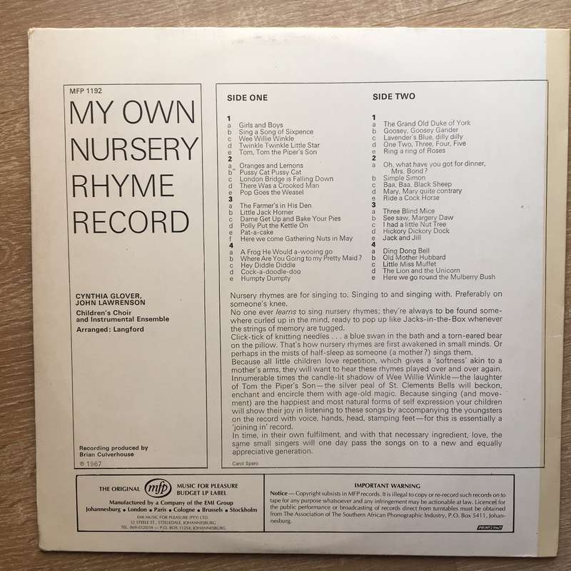 My Own Nursery Rhyme Record - Vinyl LP Record - Opened  - Very-Good Quality (VG)