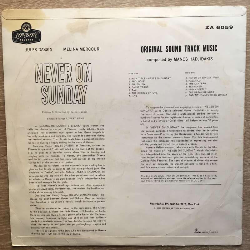 Jules Dassin's - Never On Sunday - Vinyl LP Record - Opened  - Good Quality (G)