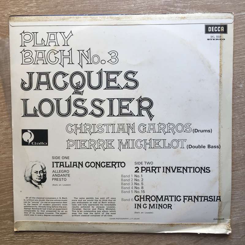 Jacques Loussier / Christian Garros / Pierre Michelot  Play Bach No. 3 -  Vinyl LP Record -...