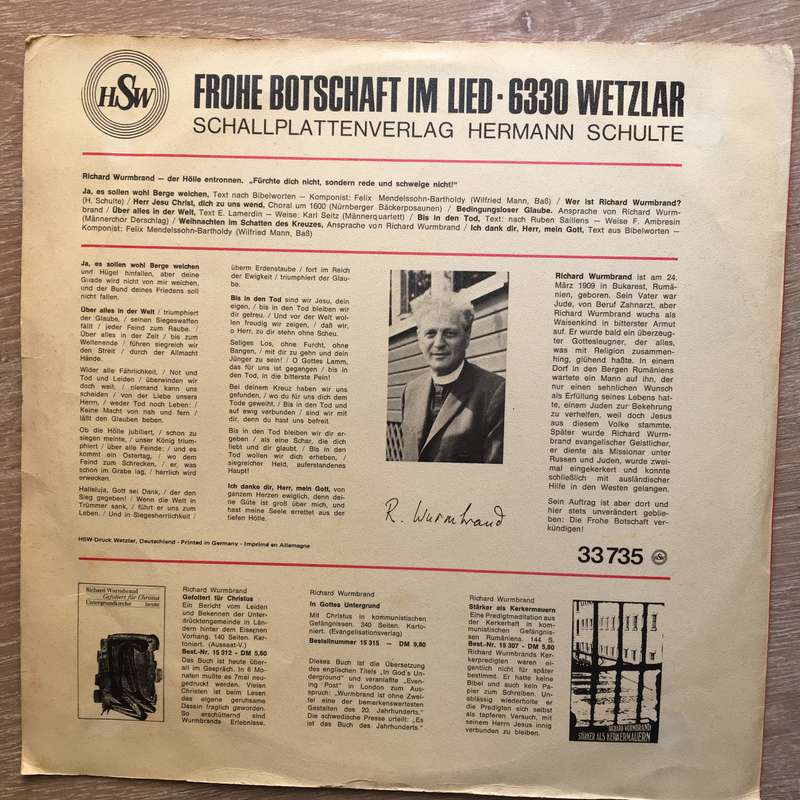 Richard Wurmbrand  Der Hölle Entronnen -  Vinyl LP Record - Very-Good+ Quality (VG+)