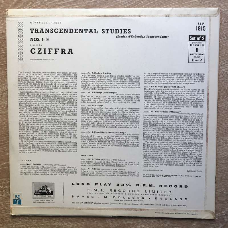 Liszt, Georges Cziffra  Transcendental Studies Nos. 1-9 - Record 1 of 2 Set -  Vinyl Record...