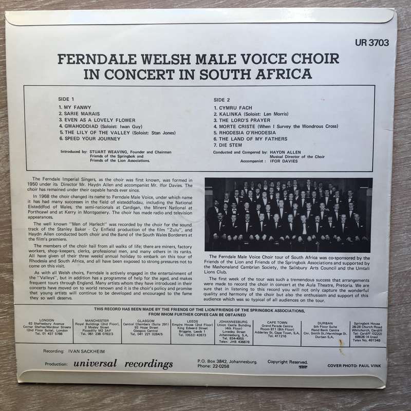Ferndale Male Voice Choir  Ferndale Welsh Male Voice Choir In Choir In South Africa-  Vinyl...