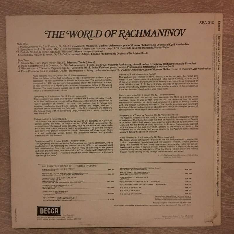 Rachmaninov  The World Of Rachmaninov - Vinyl LP Record - Opened  - Very-Good+ Quality (...