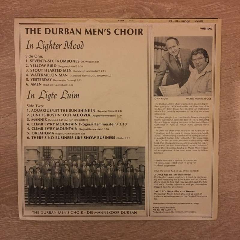 The Durban Men's Choir - In Lighter Mood - Vinyl LP Record - Opened  - Very-Good Quality (VG)