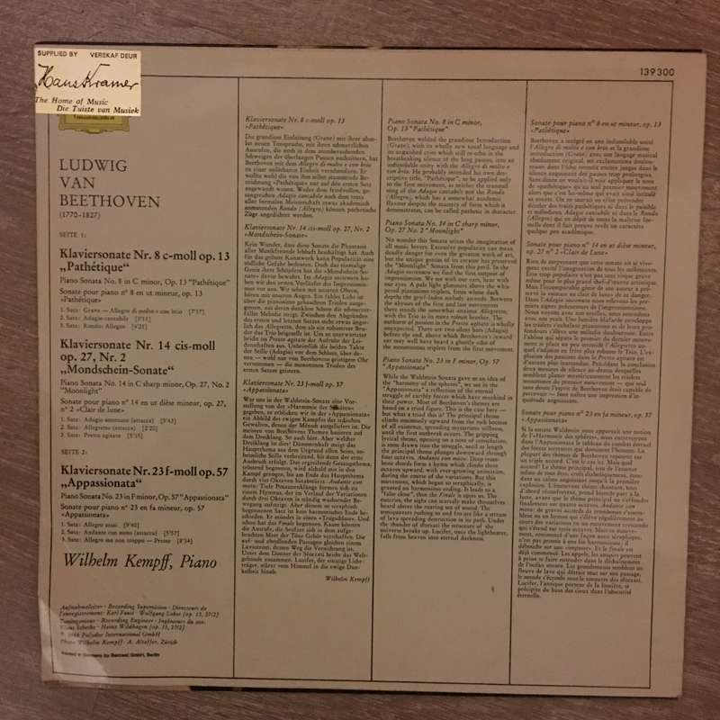 Ludwig van Beethoven - Wilhelm Kempff  Piano Sonatas 8, 14, 23 - Vinyl LP Record - Opene...