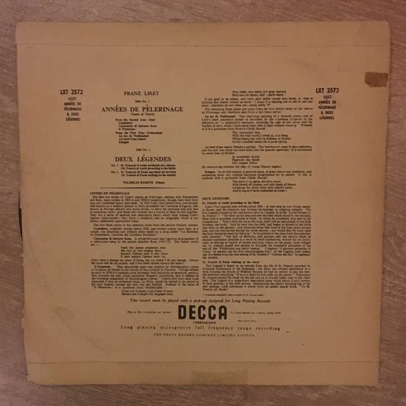 Wilhelm Kempff  -  Liszt -  Annees de Pelerinage - Vinyl LP Record - Opened  - Very-Good Quality ...