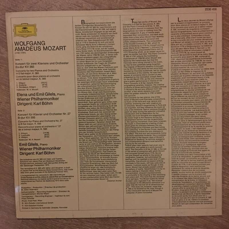 Wolfgang Amadeus Mozart / Emil Gilels, Elena Gilels, Karl Böhm, Wiener Philharmoniker  Kla...