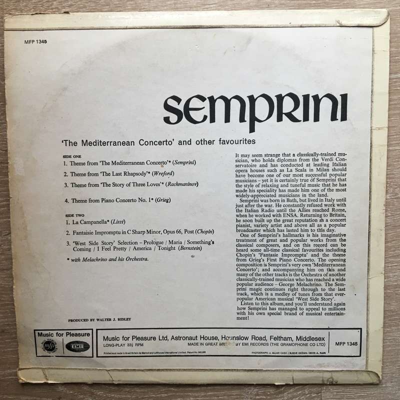 Semprini  The Mediterranean Concerto -  Vinyl LP Record - Opened  - Good Quality (G)