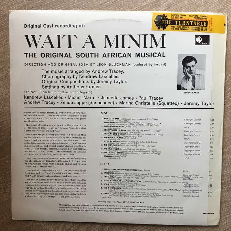 Wait A Minim!  - Leon Gluckman  Rare Original Cast Recording at Intimate Theatre - Vinyl LP...