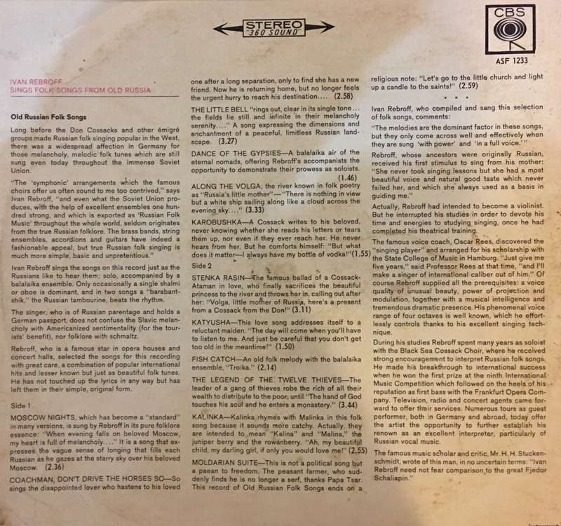 Ivan Rebroff  Sings Folk Songs From Old Russia - Vinyl LP Record - Opened  - Very-Good Quality (VG)