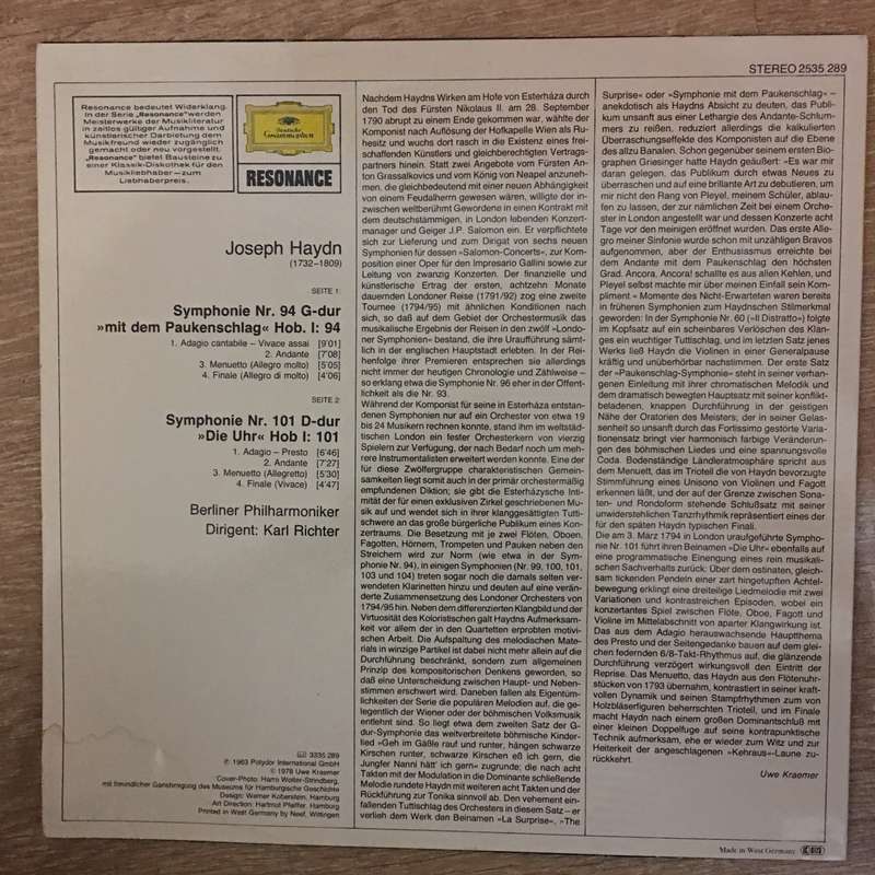 Joseph Haydn  Symphonies No.94, "Surprise" Ans No.101, "Clock"   Vinyl LP Record - Ve...