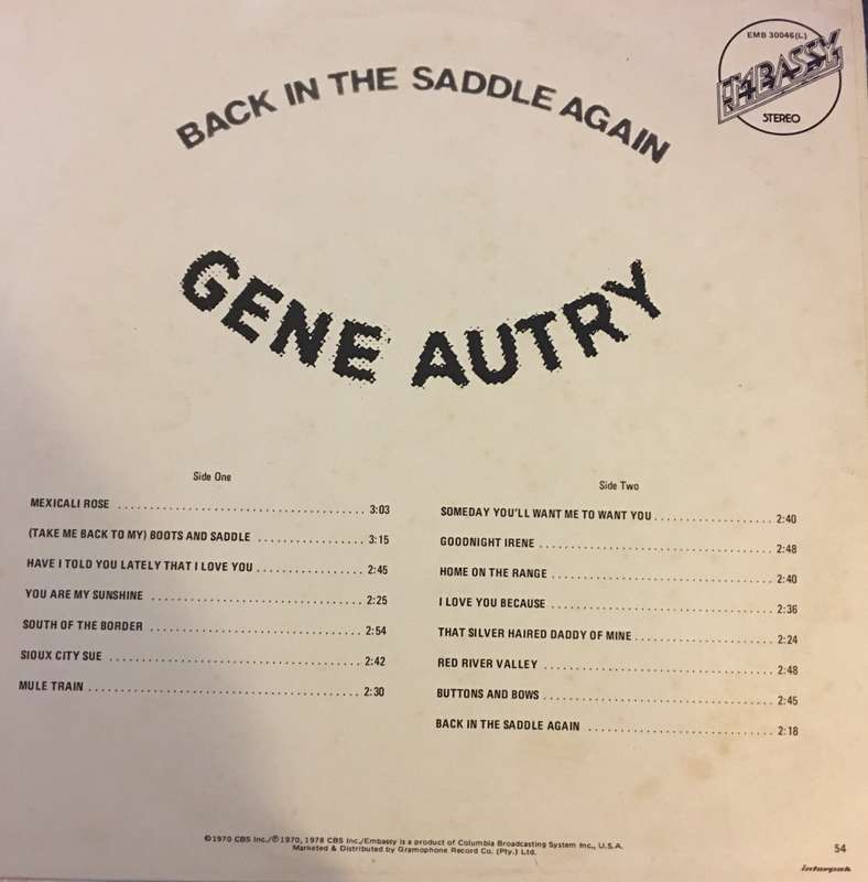 Gene Autrey - Back in the Saddle Again - Vinyl LP Record - Opened  - Very-Good Quality (VG)